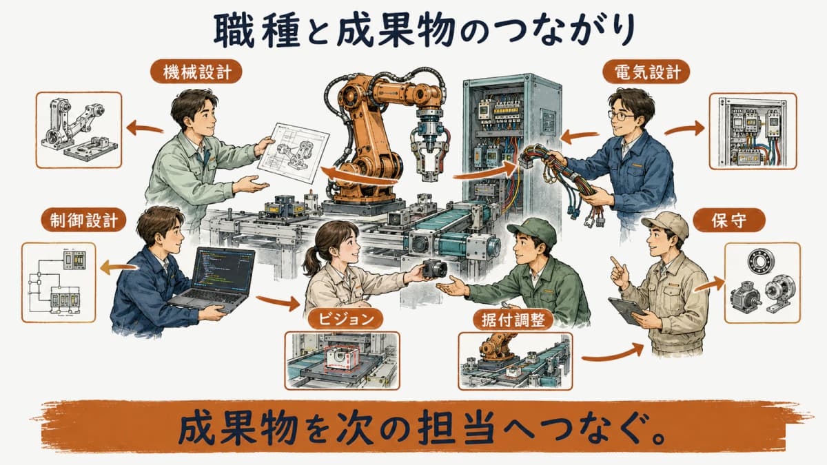 FA・ロボットの職種が成果物を受け渡す流れを示す図