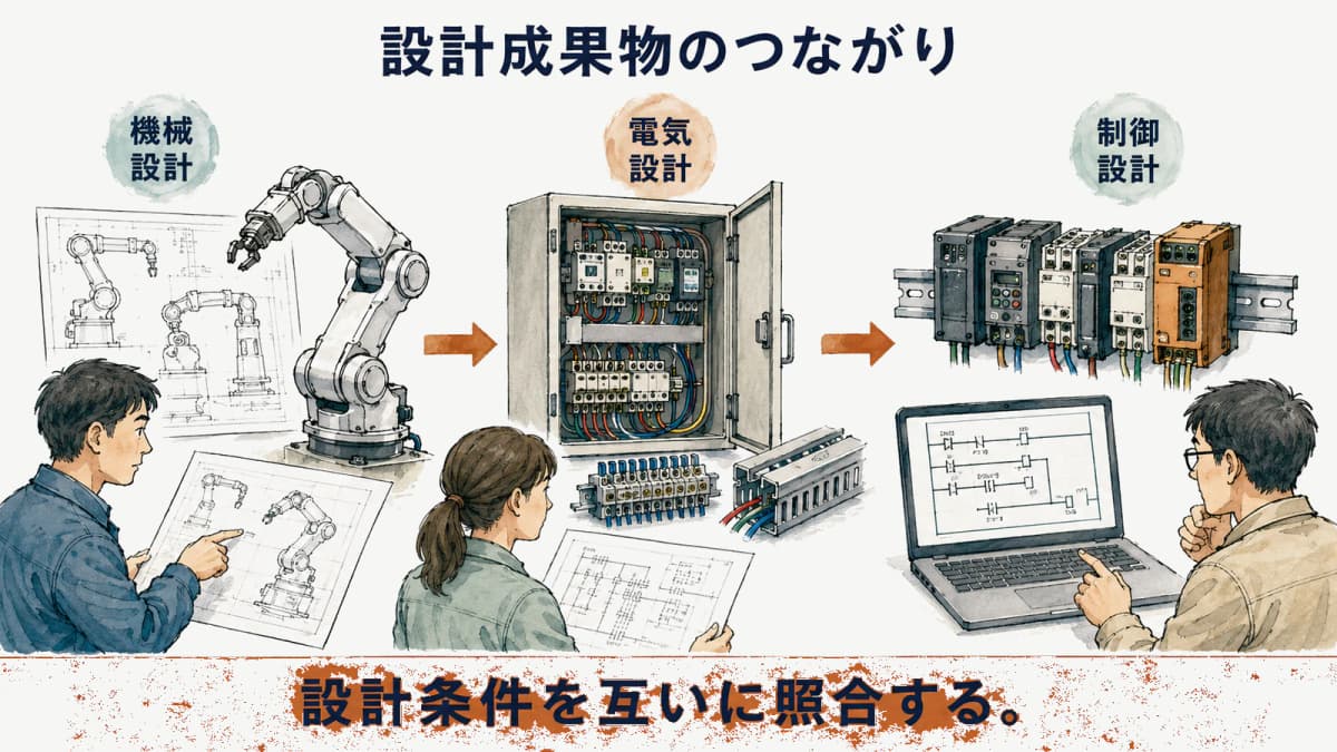 機械・電気・制御の設計成果物がつながる図