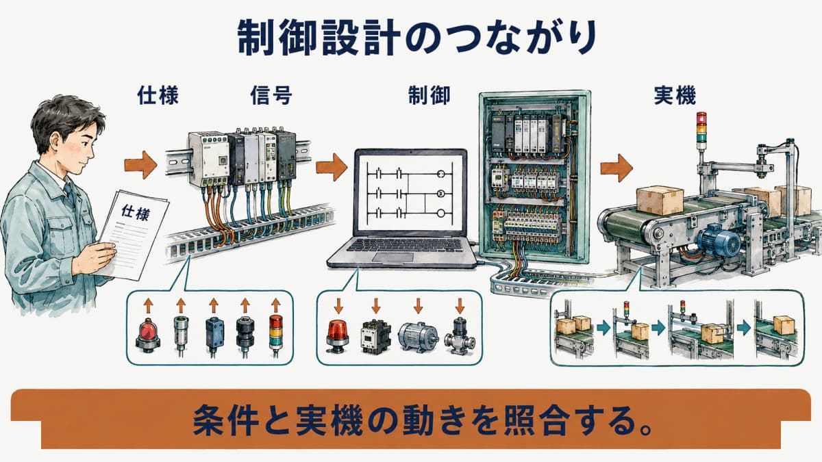 制御設計が仕様と入出力と実機を結び付ける図