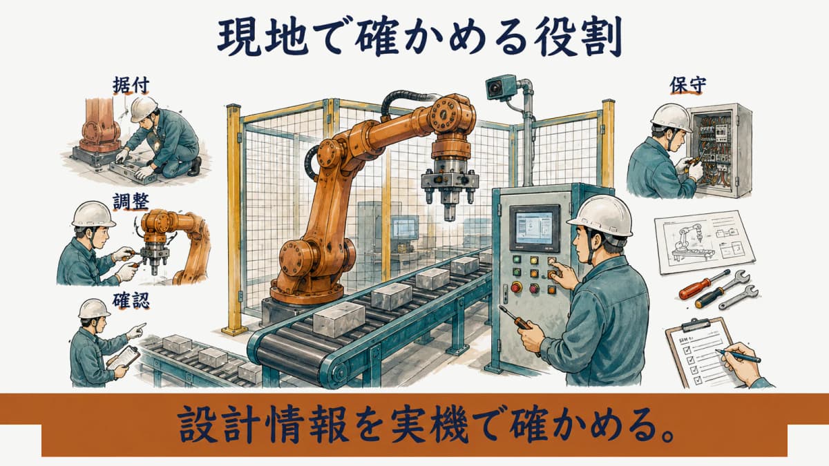現地調整と保守が設計情報を実機で確かめる図