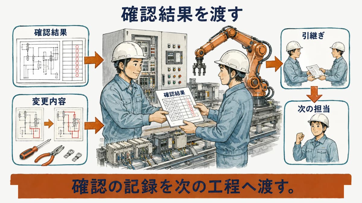 据付調整と保守が確認結果を次の担当へ渡す図