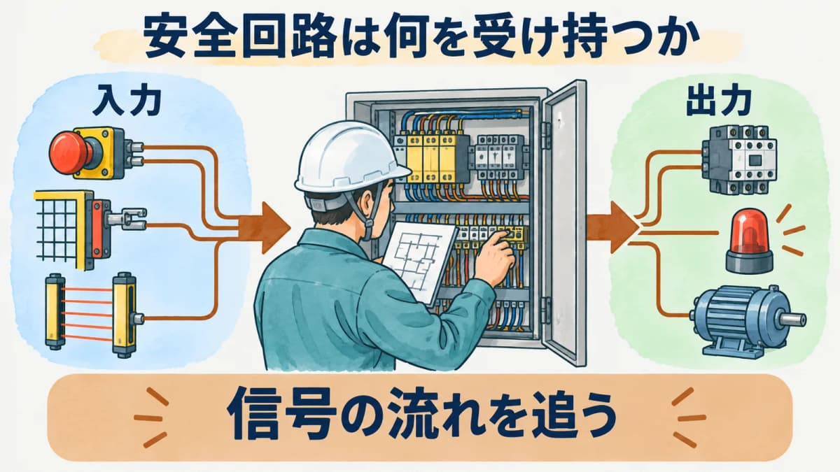 安全回路の入力機器から出力機器までの信号の流れを示す図