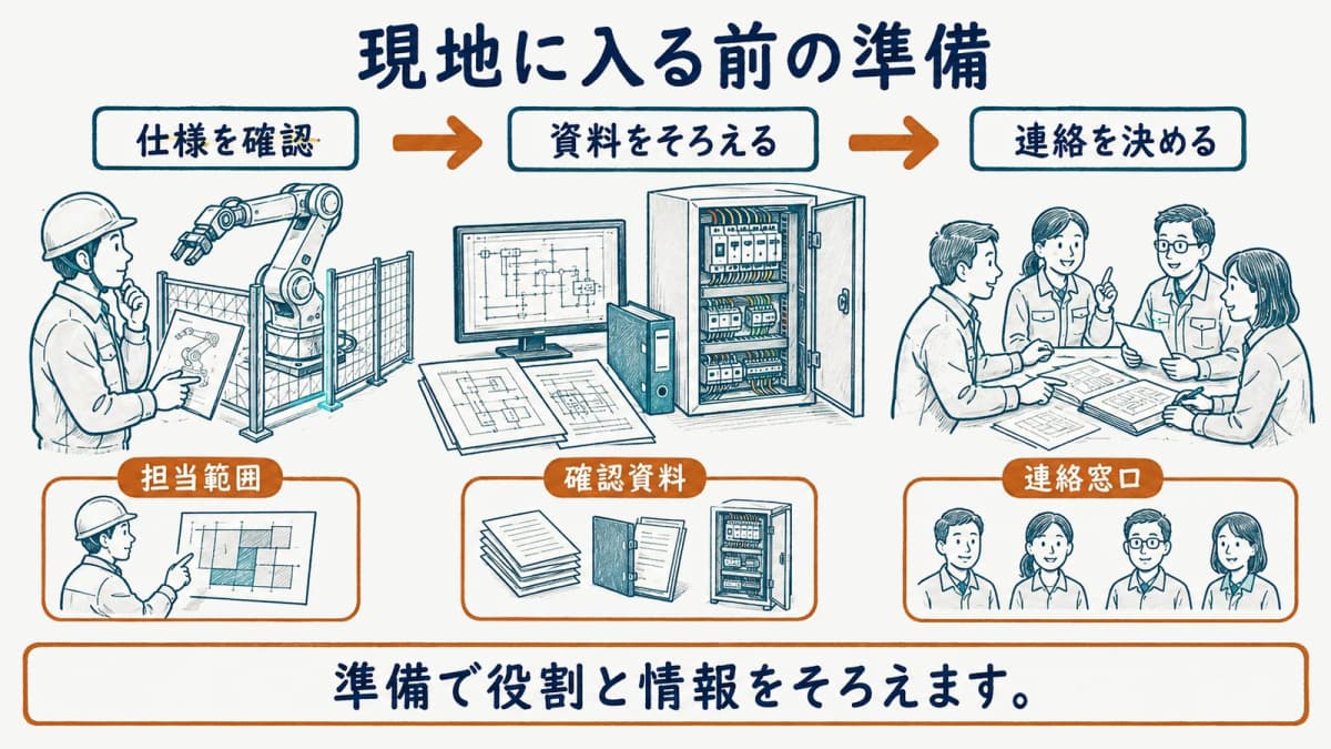 現地に入る前に仕様、資料、連絡先を整理する準備