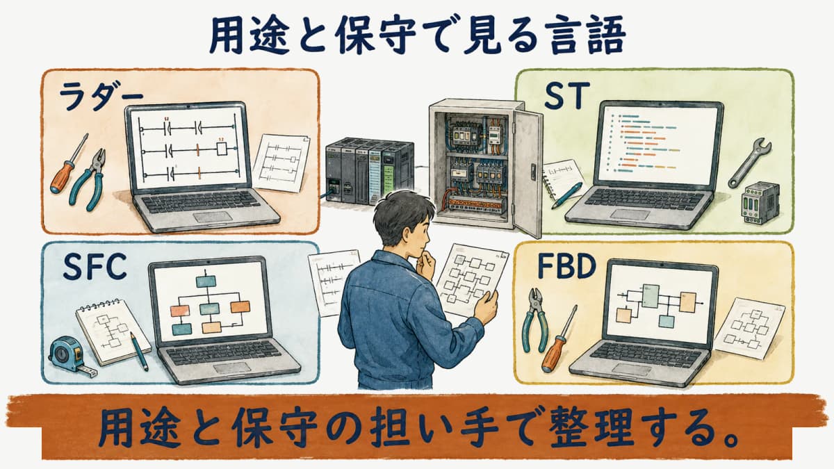 用途と保守の担い手でPLC言語を整理する図