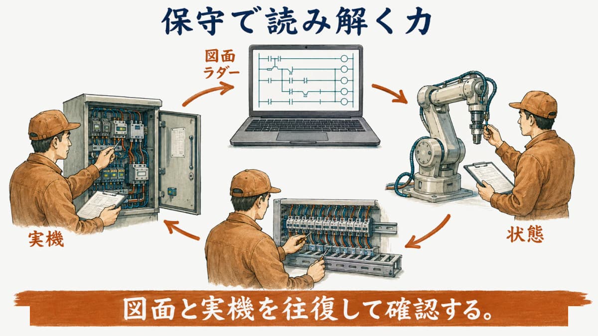 図面とラダーと実機の動きを結び付ける保守の図