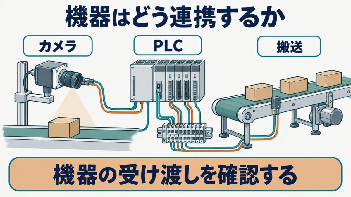 画像処理装置とPLC、搬送装置の連携を示す図