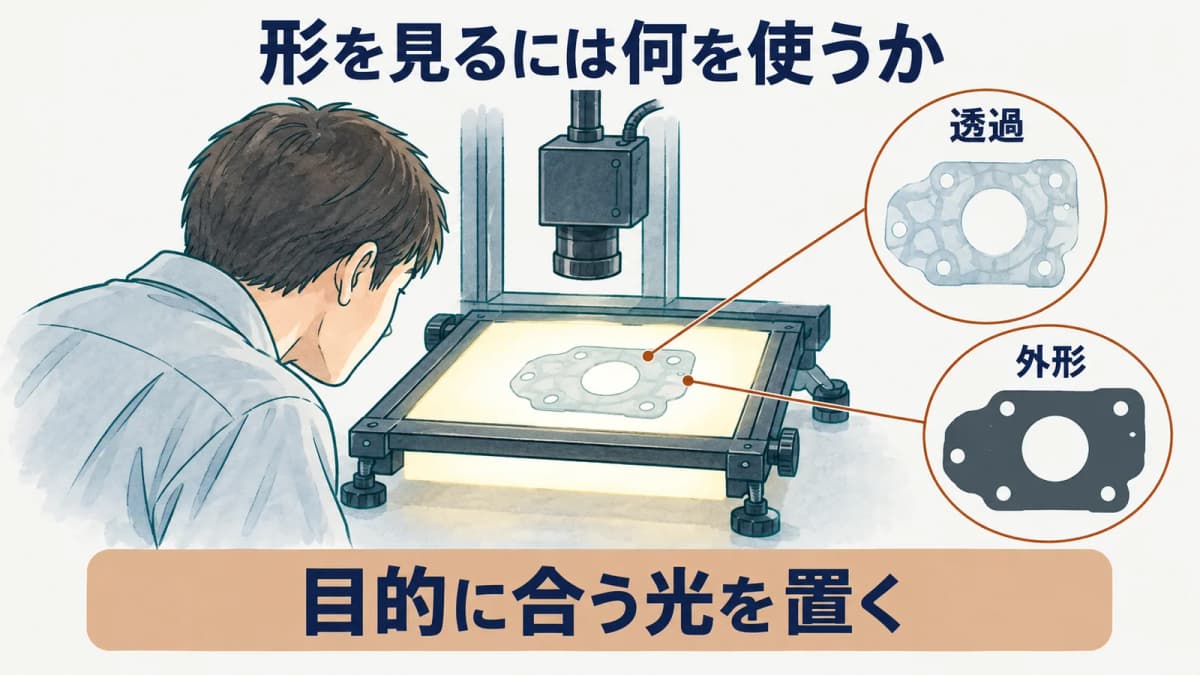 透過照明で外形を見る光の置き方を示す図