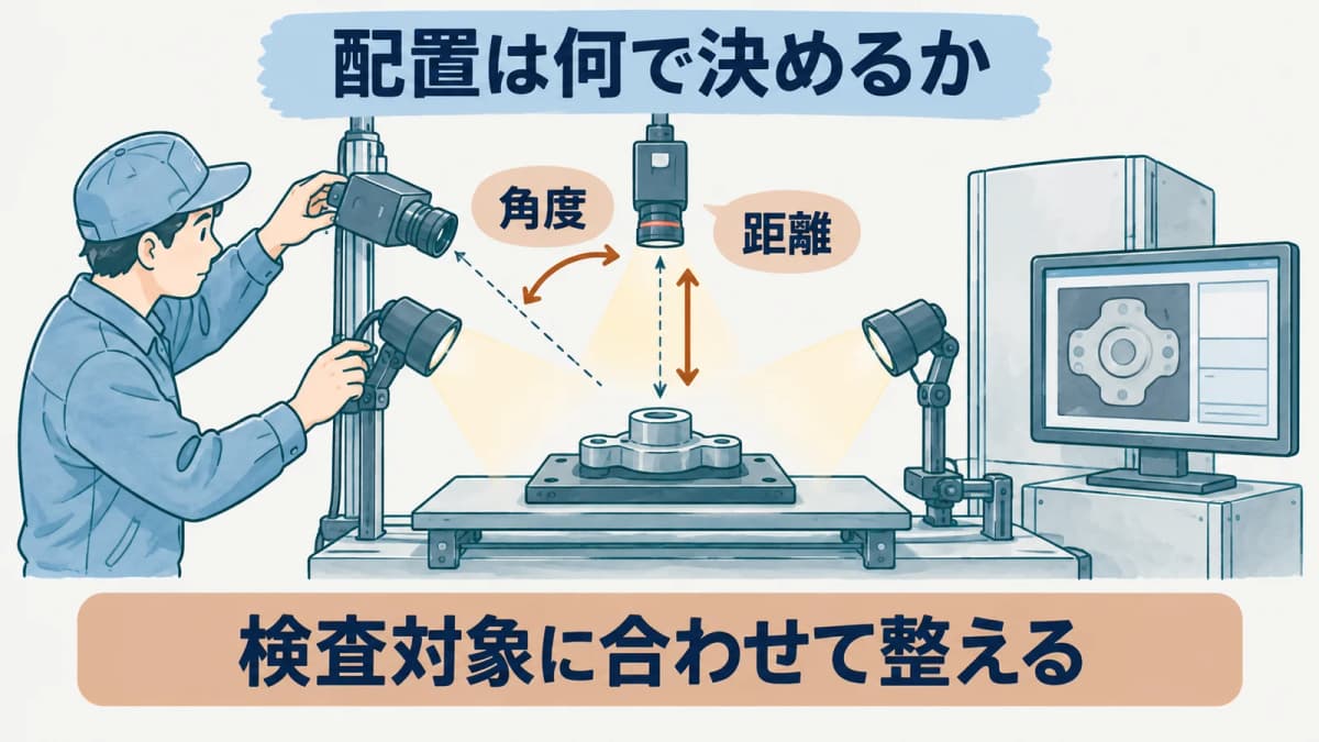 照明とカメラの角度・距離を検査対象に合わせる図