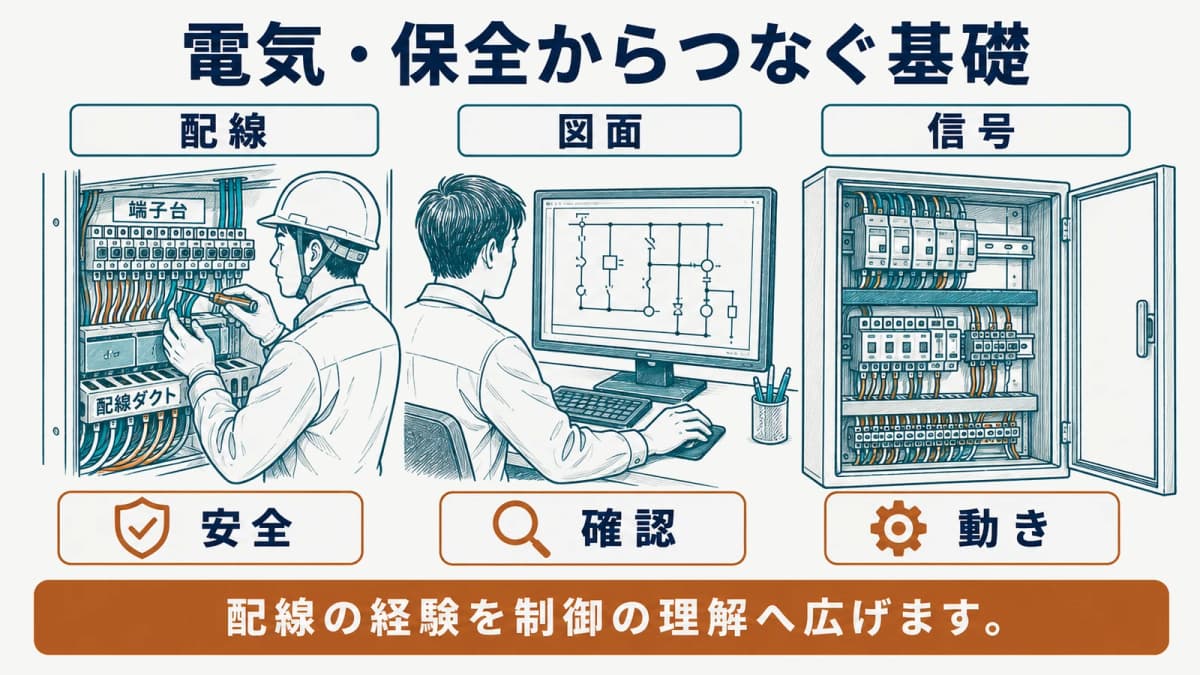 配線と点検の経験を図面、入出力、制御へつなぐ学びの図