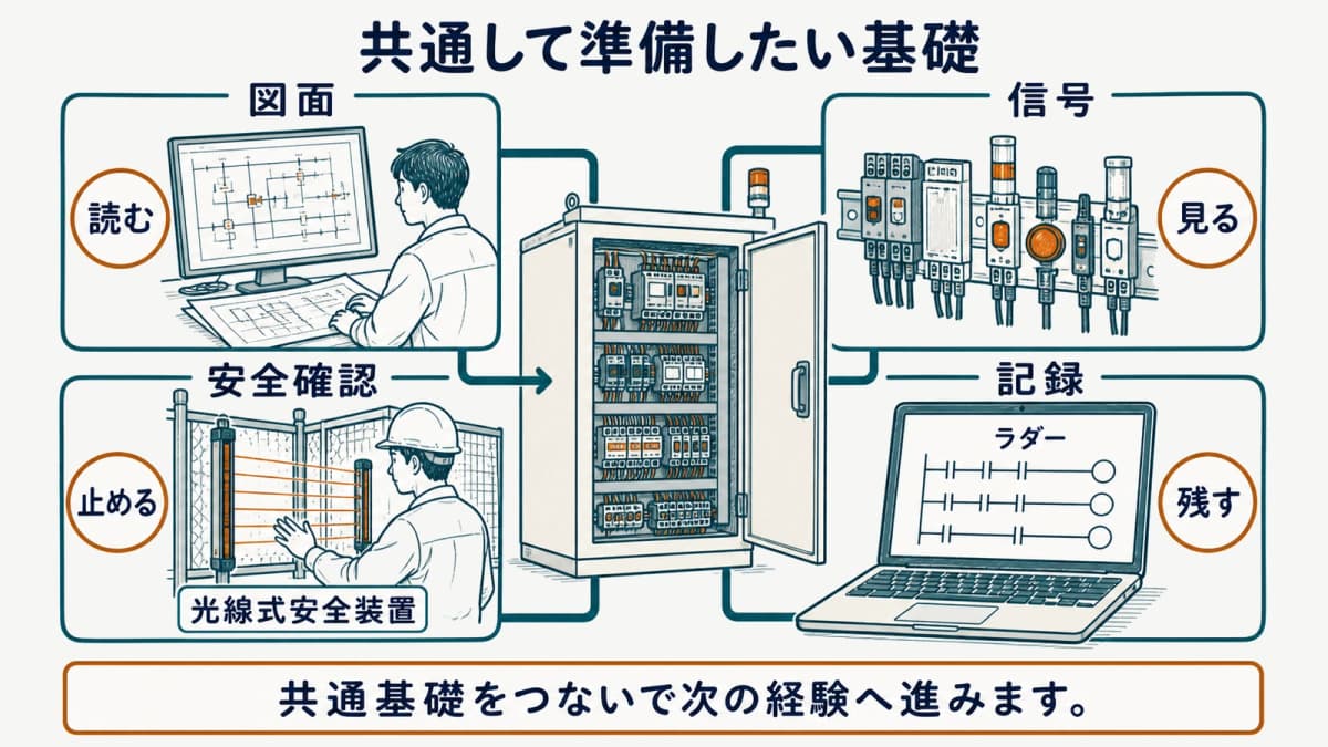 図面、入出力、安全確認、小さな担当範囲を結ぶ基礎の図