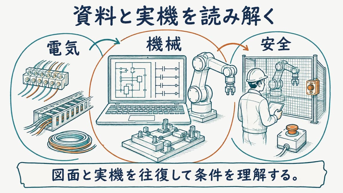 電気図面・機械・安全情報を照合する制御担当者の図