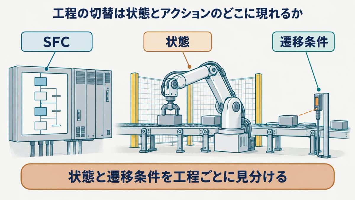 状態ごとに区切られた工程と遷移条件を示すシーケンサと産業用ロボットアームの図