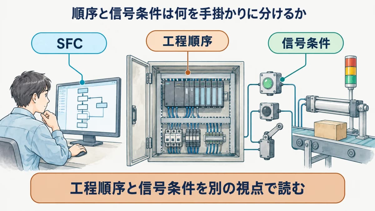 工程順序と信号条件の役割を分けて示す制御盤とシーケンサの図