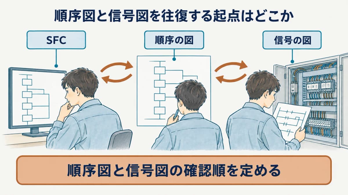 順序の図と信号の図を往復して確認する制御担当者と配線ダクトの図
