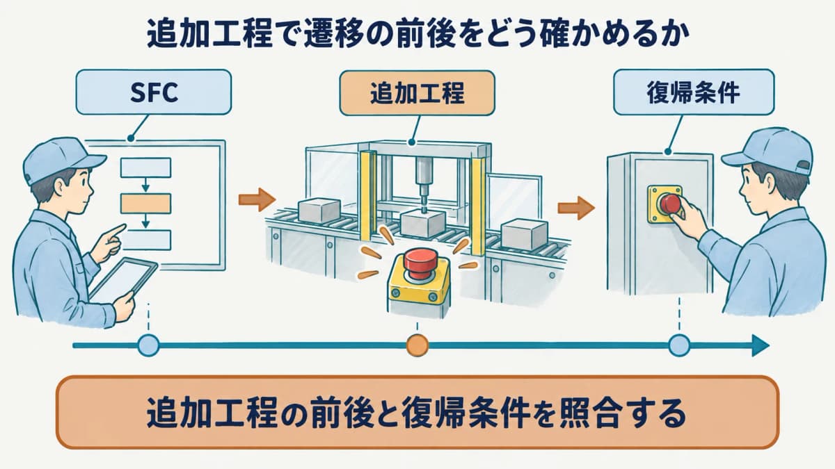追加工程の前後関係と復帰条件を示すタイムラインと非常停止ボタンの図