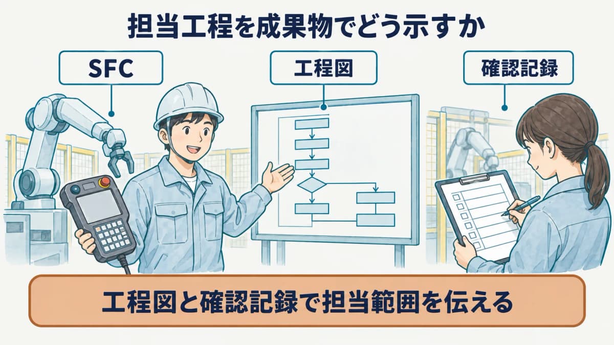 SFCの工程図と確認記録を並べて説明する担当者とティーチングペンダントの図
