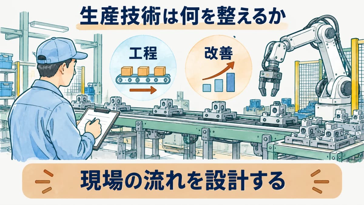 生産技術が工程と改善で現場の流れを設計する図