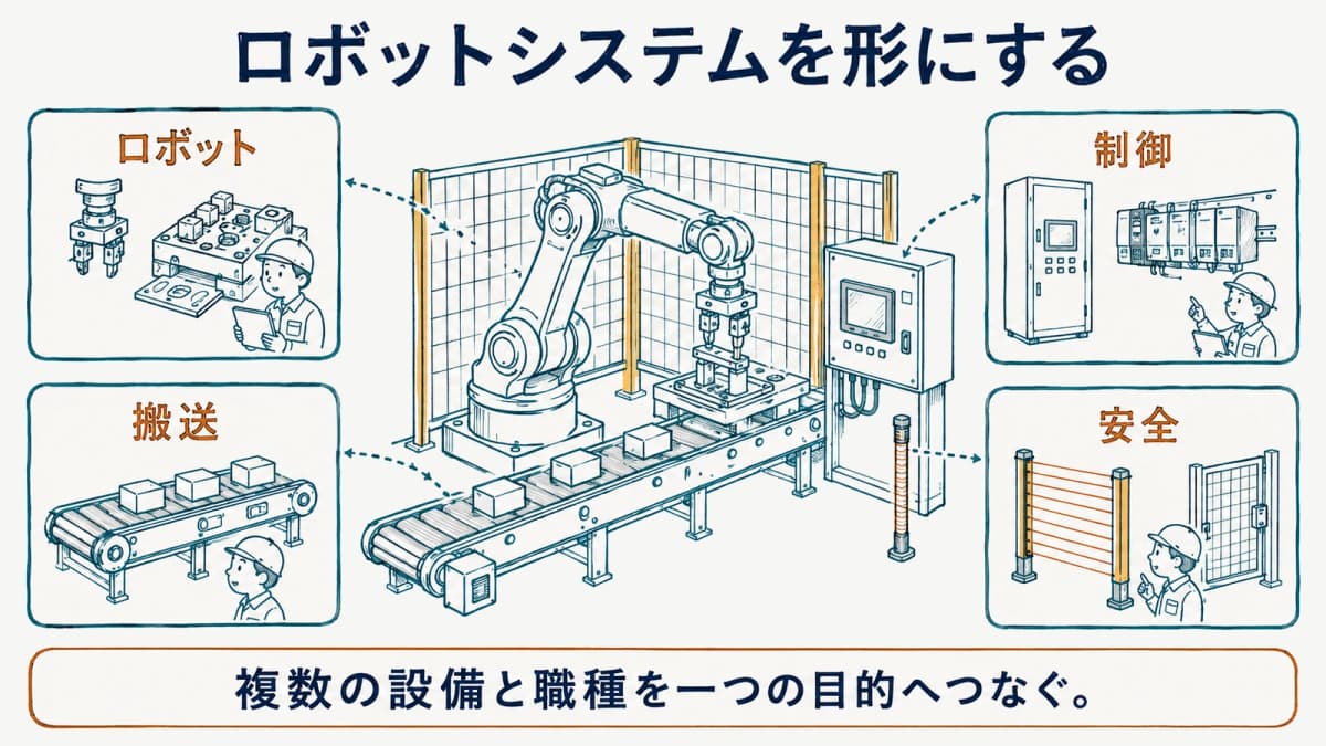 ロボットシステムを多職種で組み立てる現場の図