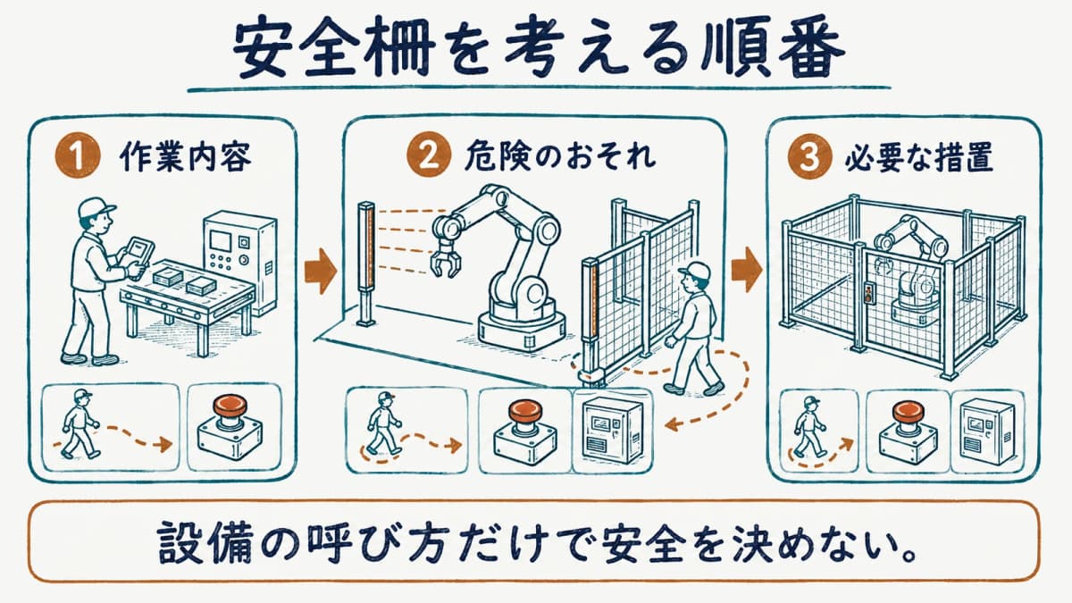 リスク評価と安全柵の検討手順を示す図