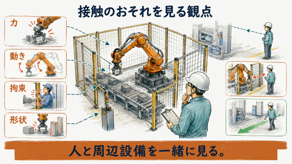 接触による危険のおそれを力・動き・拘束・形状の観点で整理する図