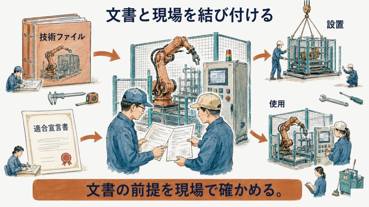 技術ファイルと適合宣言書を現場の使用条件と結び付ける図