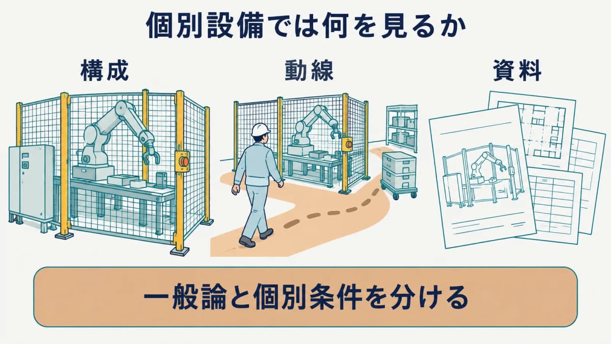 個別設備の構成・動線・資料を一般論と分ける図