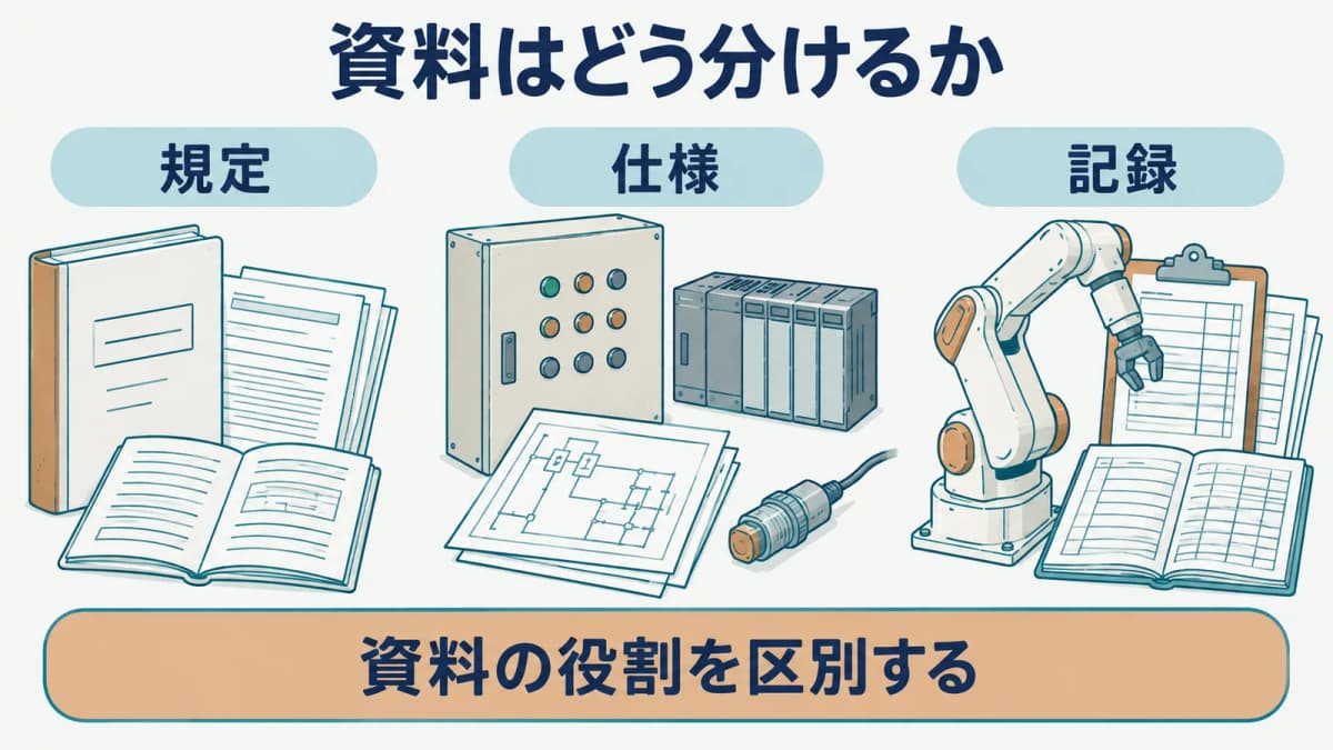 規定・仕様・記録の資料の役割を区別する図