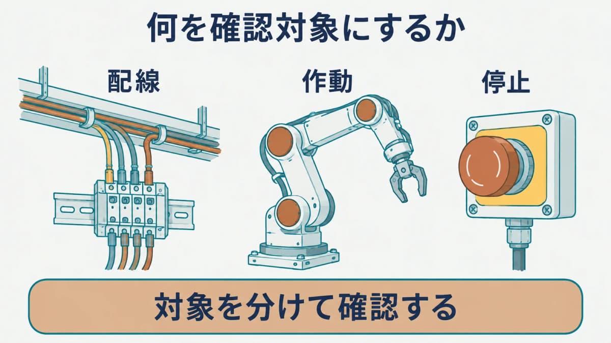 外部配線・作動・停止の確認対象を分ける図