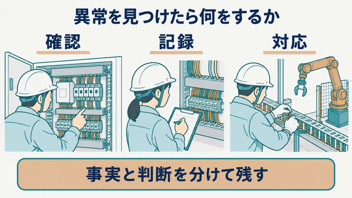 異常の確認・記録・対応で事実と判断を分ける図