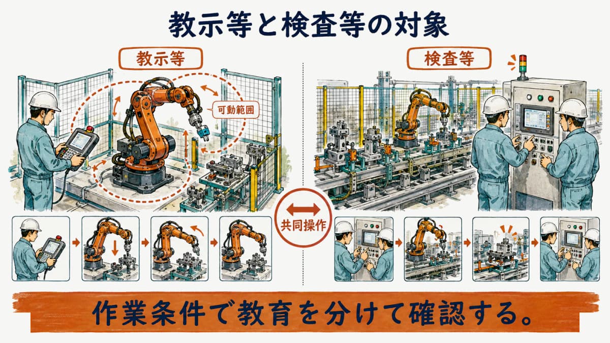 教示等と検査等で異なる特別教育の対象を示す図