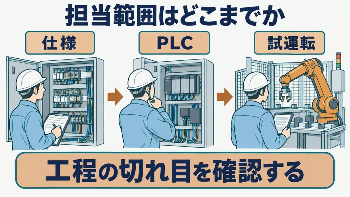 仕様検討からPLC設計、試運転までの担当範囲を示す図