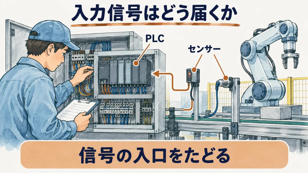 センサ、PLC、出力機器をつなぐ図