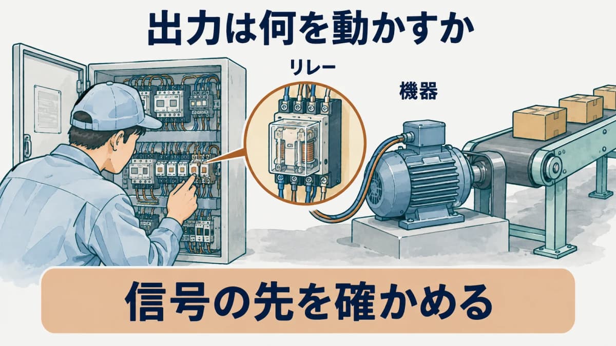 リレーから機器へ信号の先を確かめる図