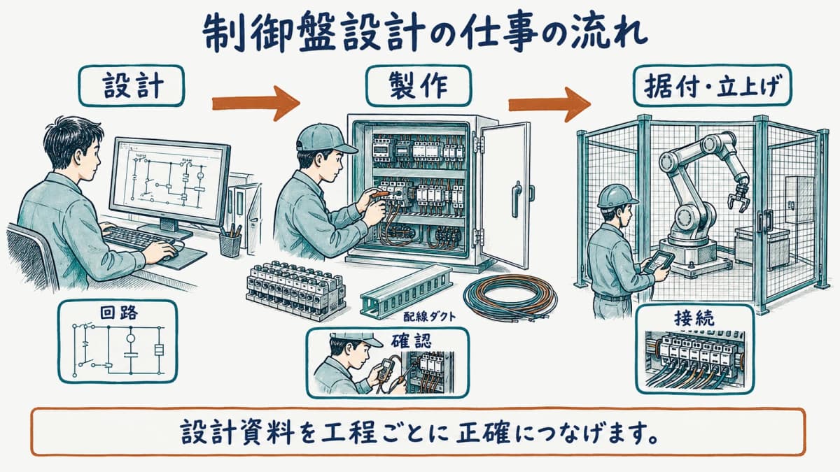 仕様から設計、製作、据付、立上げへつながる制御盤設計の流れ
