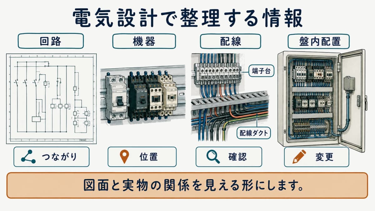回路図、機器、端子、盤内レイアウトを電気設計CADで結ぶ図