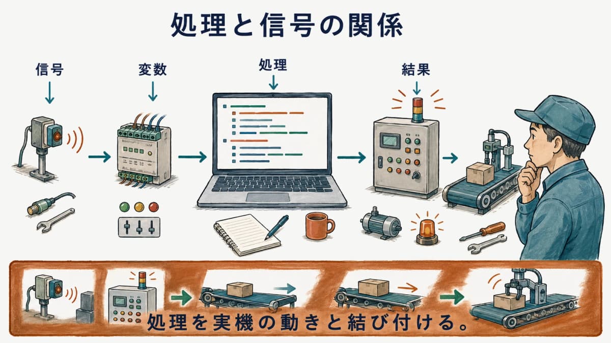 ST言語の処理とPLCの入出力を結び付ける図