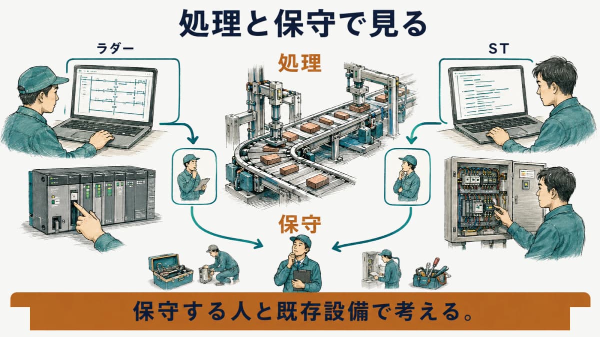 処理と保守の担い手からラダーとSTを見分ける図