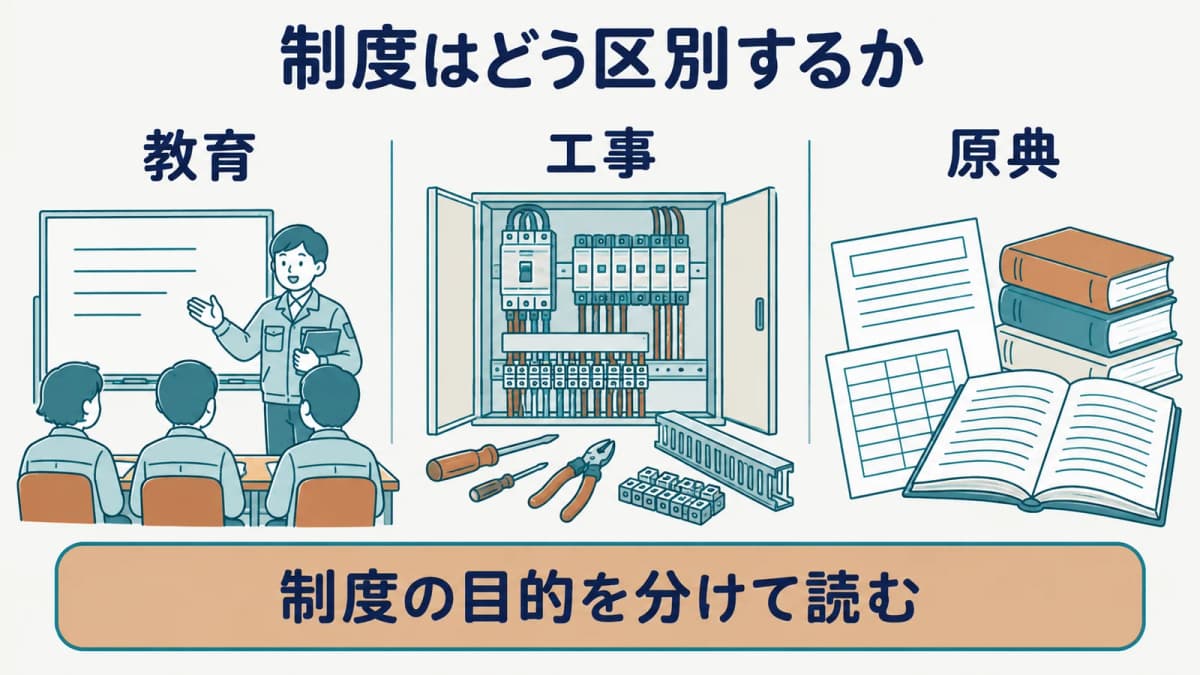 特別教育・電気工事・原典の制度の目的を分ける図
