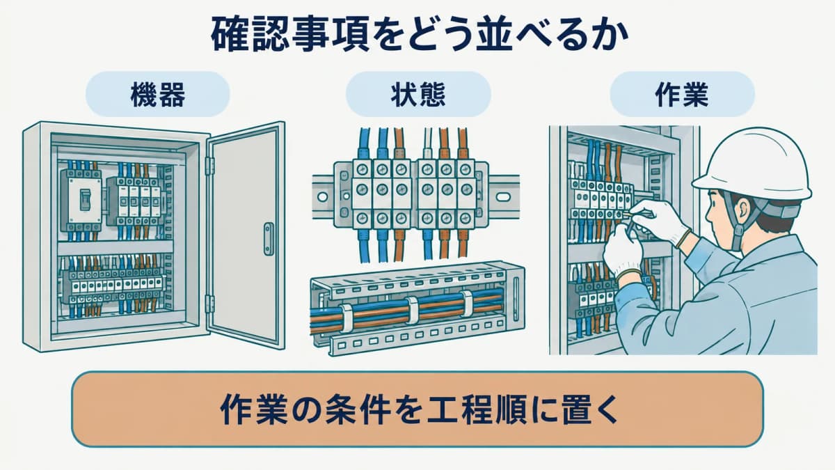 機器・状態・作業の確認事項を工程順に並べる図